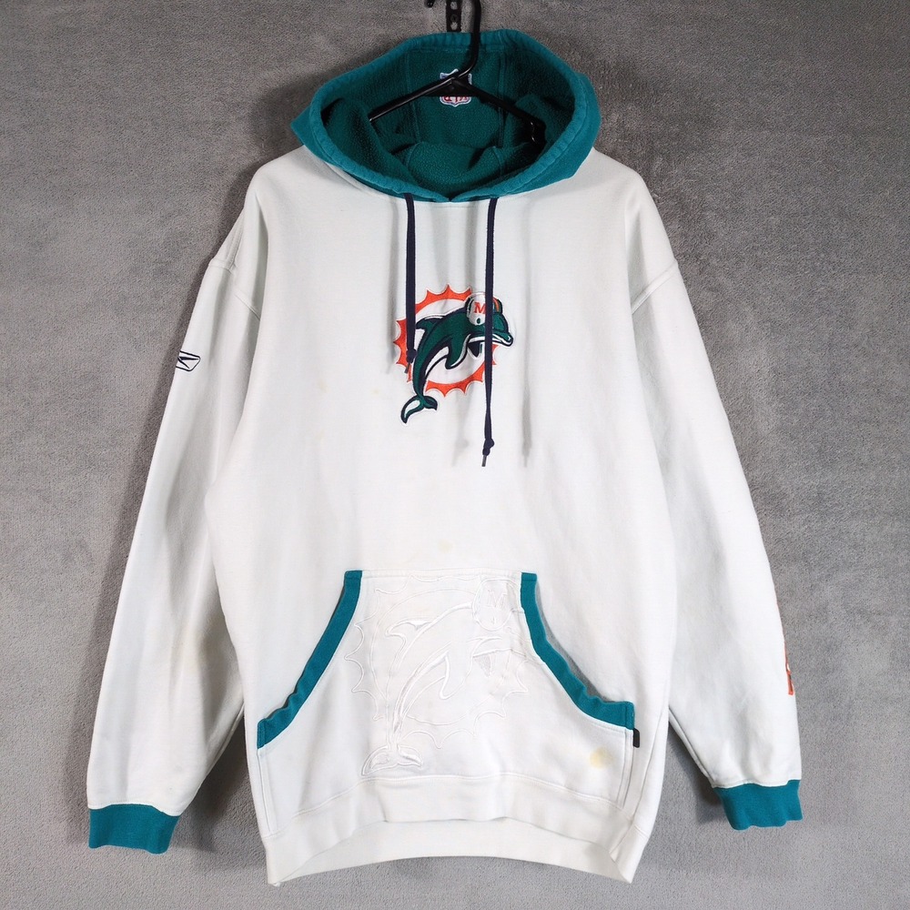 VTG Reebok Miami Dolphins NFL Hoodie Mens White Teal Embroidered Pullover Flaws